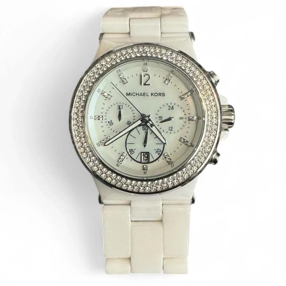 Michael Kors MK-5391 White Ceramic Chronograph Women’s Watch Crystal Bezel - Picture 1 of 11